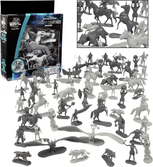 Fantasy Creatures Mini RPG Action Figures- 56 Monster Miniatures w 12 Difft Sculpts- Large Direwolfs Cyclops Dragons Phoenix & More- 1/32nd Scale, Fully Dungeon Paintable- Compatible w DnD Pathfinder
