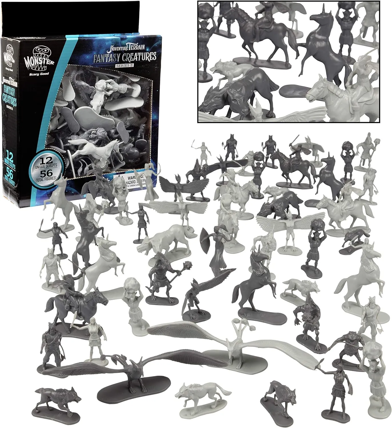 Fantasy Creatures Mini RPG Action Figures- 56 Monster Miniatures w 12 Difft Sculpts- Large Direwolfs Cyclops Dragons Phoenix & More- 1/32nd Scale, Fully Dungeon Paintable- Compatible w DnD Pathfinder