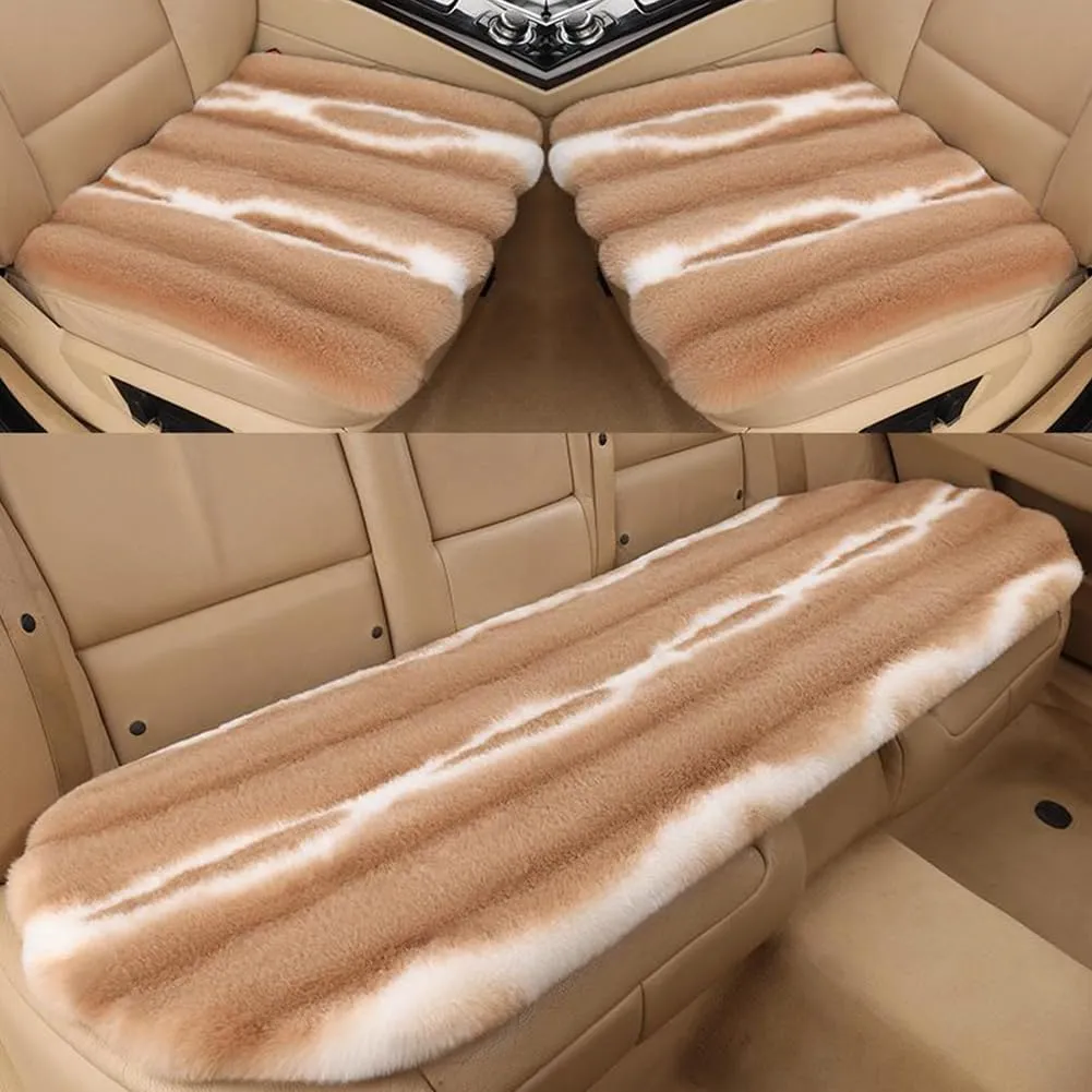 Faux Sheepskin Fur Car Seat Cover Full Set, Thin Fluffy Cute Brown Car Seat Covers for Fuzzy Soft Auto Universal Plush Vehicle Seat Protector Pad Accessories 3 Pcs Brown