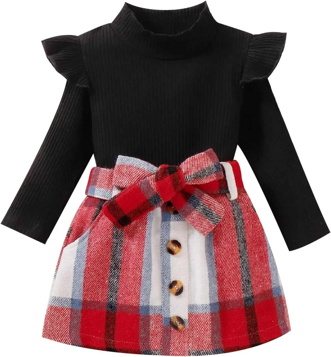 fhutpw Baby Toddler Girl Outfits Fall Winter Clothes Turtleneck Knitted Cotton Long Sleeves Tops & Button Mini Skirts Set
