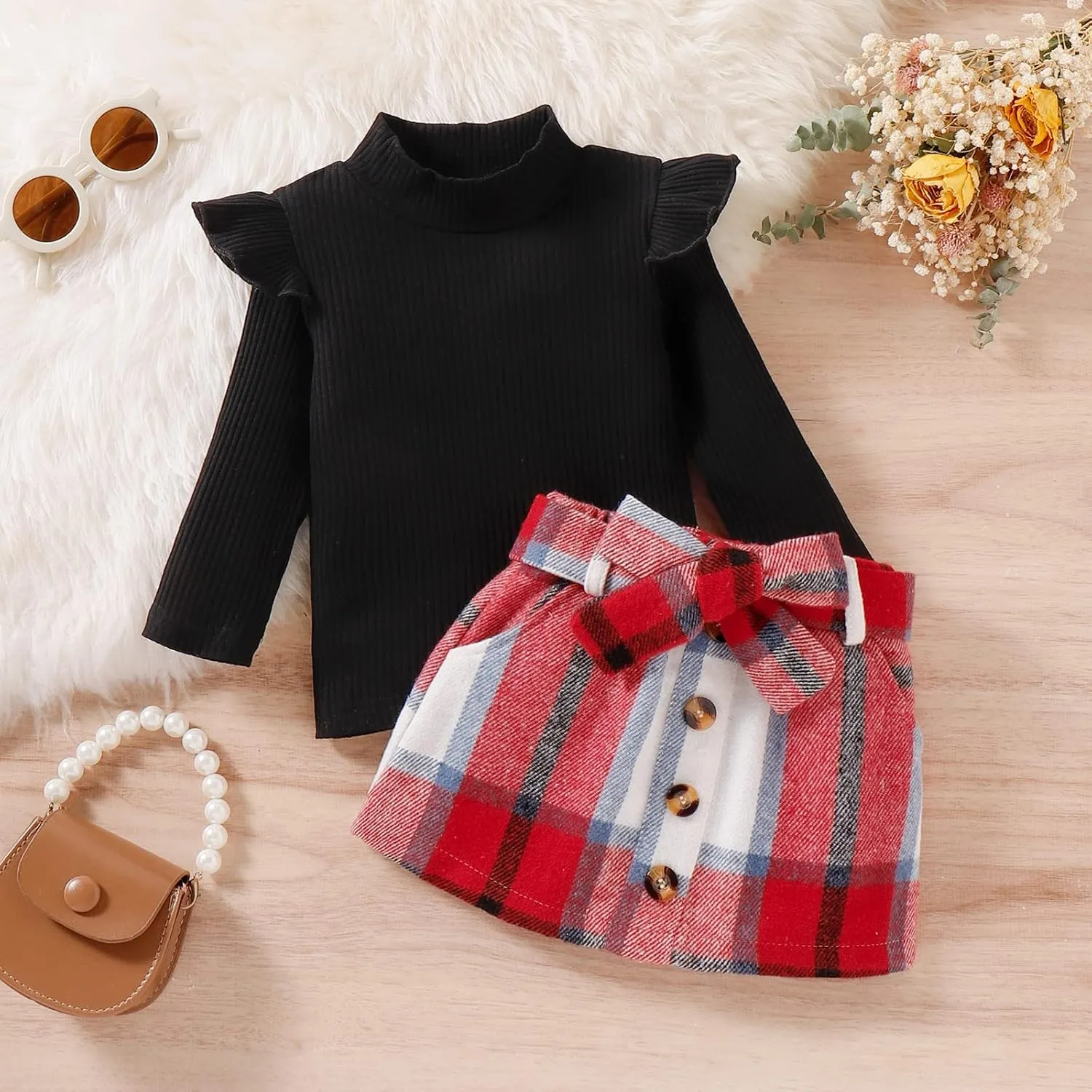 fhutpw Baby Toddler Girl Outfits Fall Winter Clothes Turtleneck Knitted Cotton Long Sleeves Tops & Button Mini Skirts Set