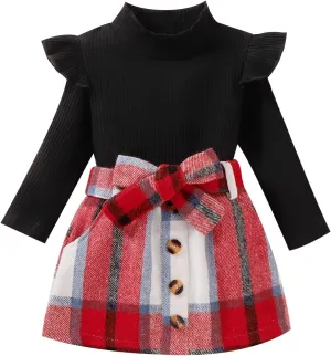 fhutpw Baby Toddler Girl Outfits Fall Winter Clothes Turtleneck Knitted Cotton Long Sleeves Tops & Button Mini Skirts Set