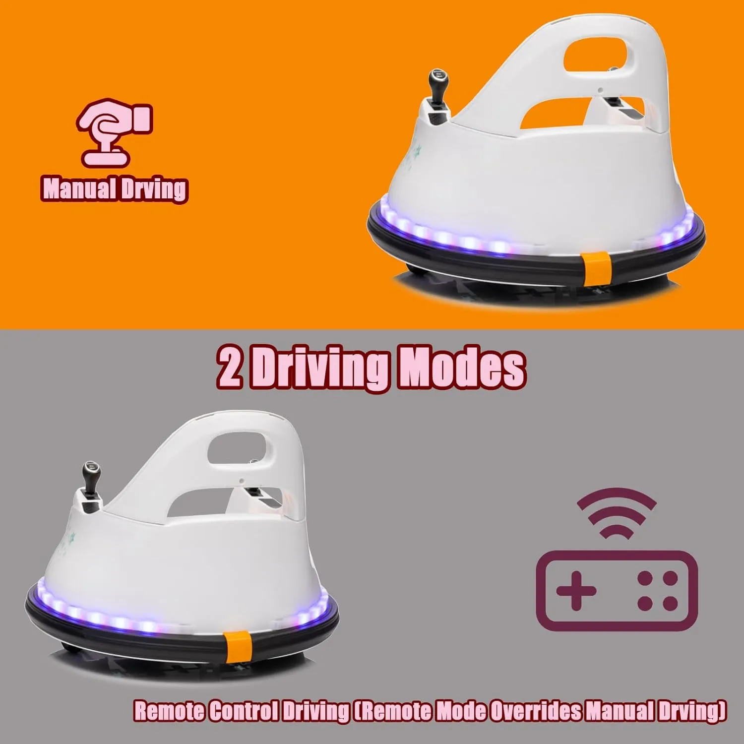 FINITO 12V Ride On Electric Bumper Car for Toddlers with Remote Control, 360 Degree Spin, LED Lights, Music, Safety Belt for Age 3  Years Kids, Gift for Boys and Girls, White