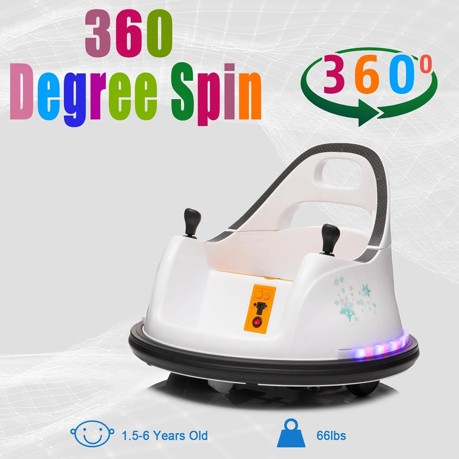 FINITO 12V Ride On Electric Bumper Car for Toddlers with Remote Control, 360 Degree Spin, LED Lights, Music, Safety Belt for Age 3  Years Kids, Gift for Boys and Girls, White