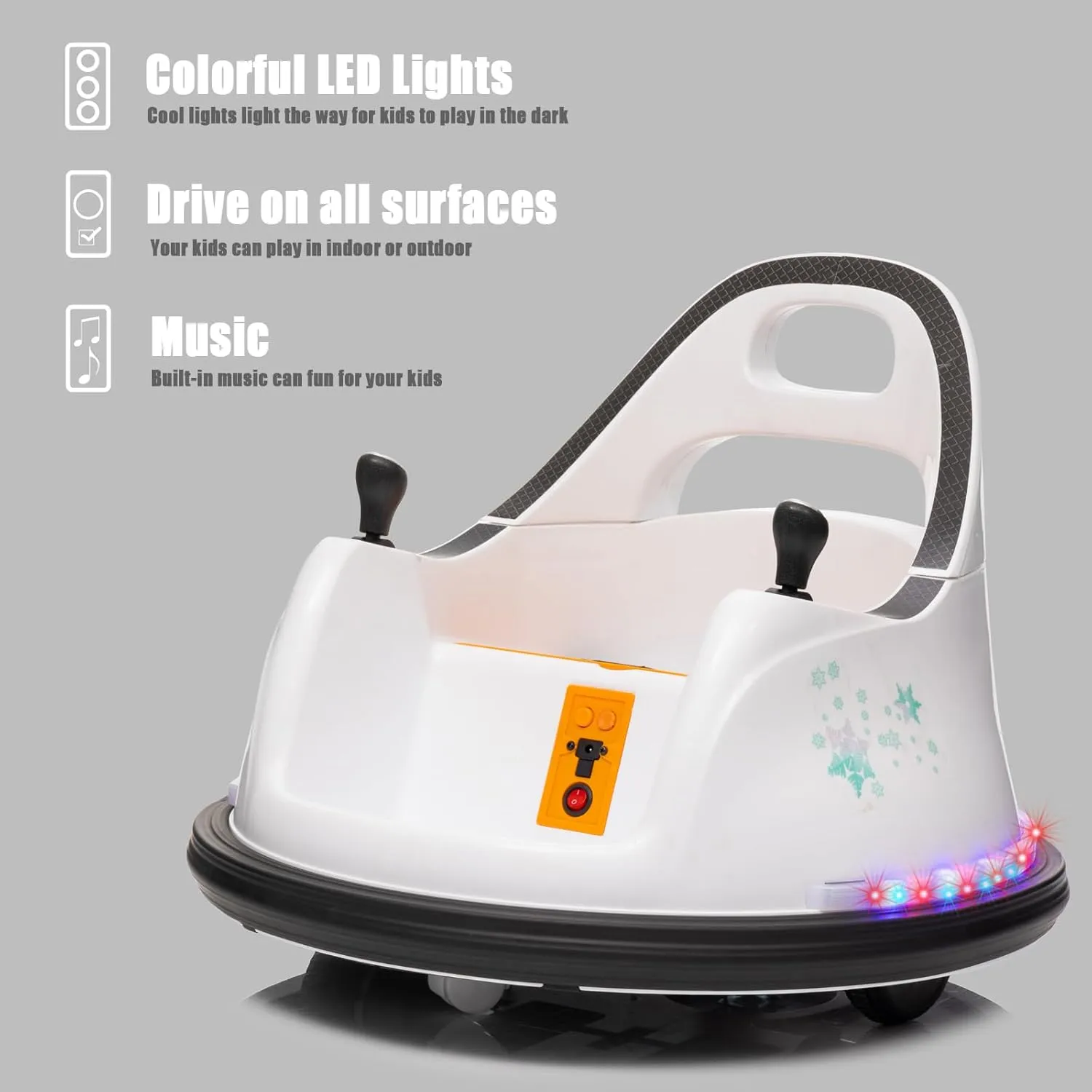 FINITO 12V Ride On Electric Bumper Car for Toddlers with Remote Control, 360 Degree Spin, LED Lights, Music, Safety Belt for Age 3  Years Kids, Gift for Boys and Girls, White