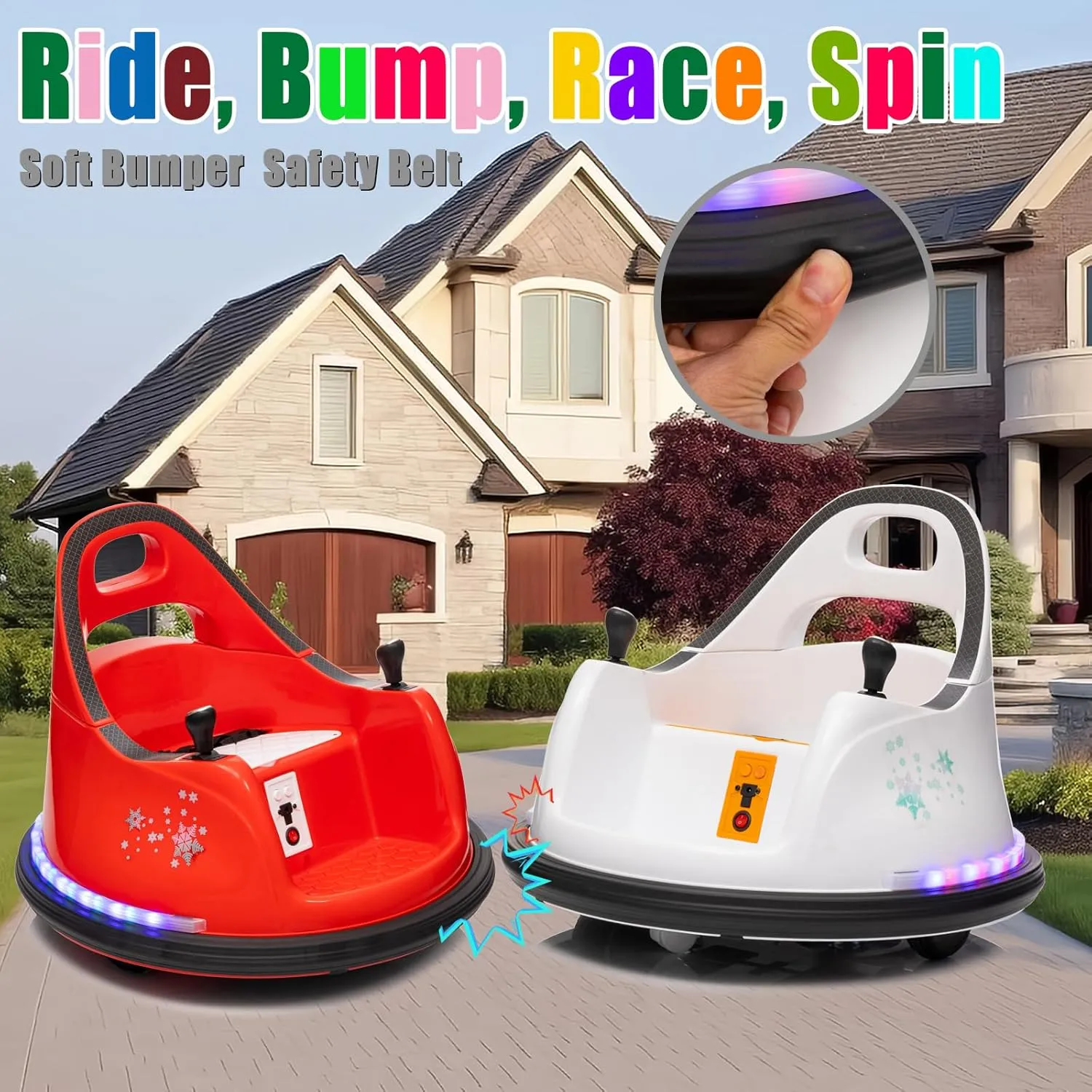 FINITO 12V Ride On Electric Bumper Car for Toddlers with Remote Control, 360 Degree Spin, LED Lights, Music, Safety Belt for Age 3  Years Kids, Gift for Boys and Girls, White