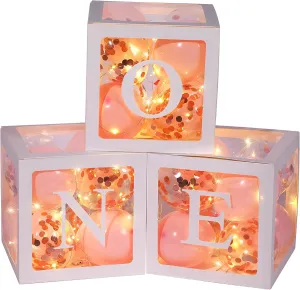 First Birthday Balloon Boxes, Transparent Blocks Boxes with 'ONE' Letters, 32 Latex Balloons and 3 Pcs Fairy String lights for 1 Year Old Baby Girl Birthday Party Decorations(Pink Series Color)