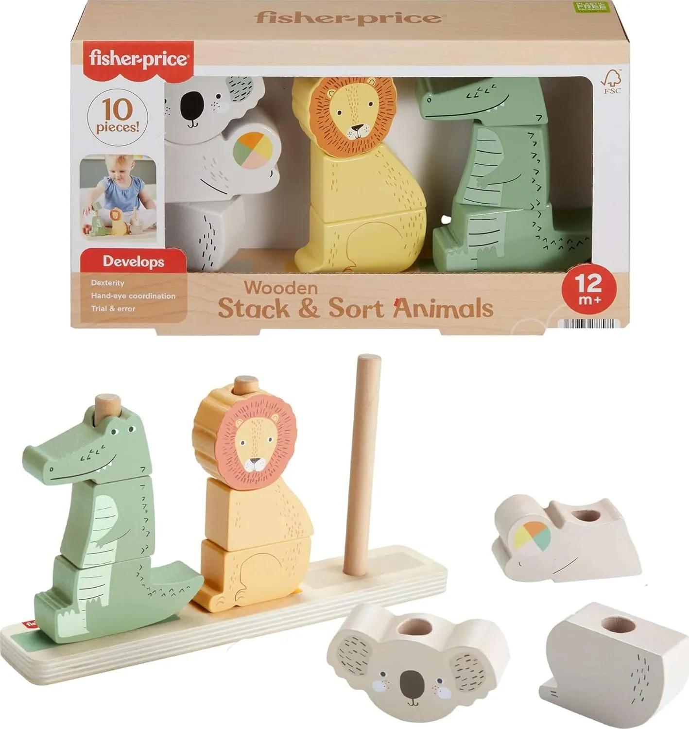 Fisher-Price Wood Baby Toy Stack & Sort Animals, 10 Wooden Pieces for Developmental Play for Infants & Toddlers Ages 1  Years