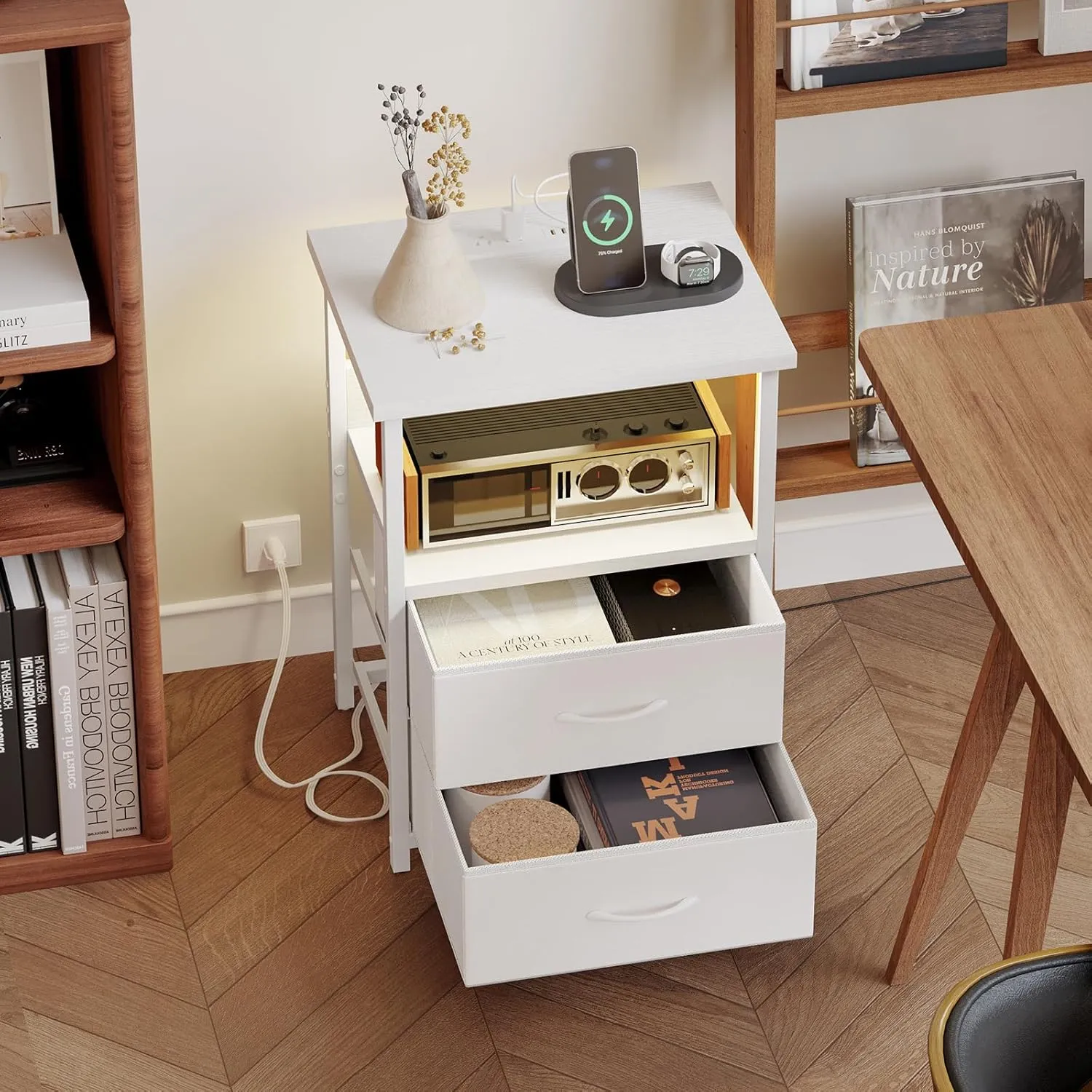 Fixwal Night Stand with Charging Station, LED Nightstand with U-S-B Ports and Outlets, 2 Fabric Storage Drawers with PU Finish, Bed Side Table, White