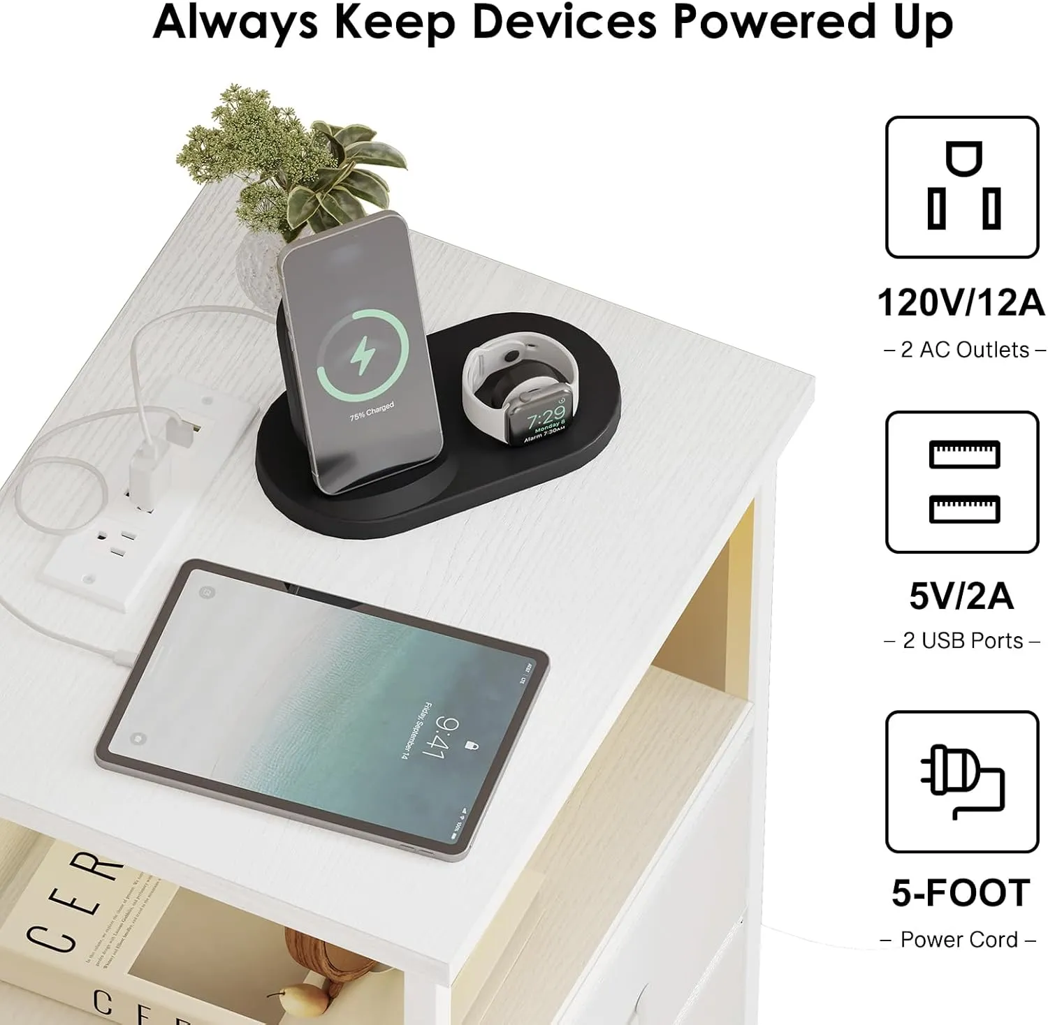 Fixwal Night Stand with Charging Station, LED Nightstand with U-S-B Ports and Outlets, 2 Fabric Storage Drawers with PU Finish, Bed Side Table, White