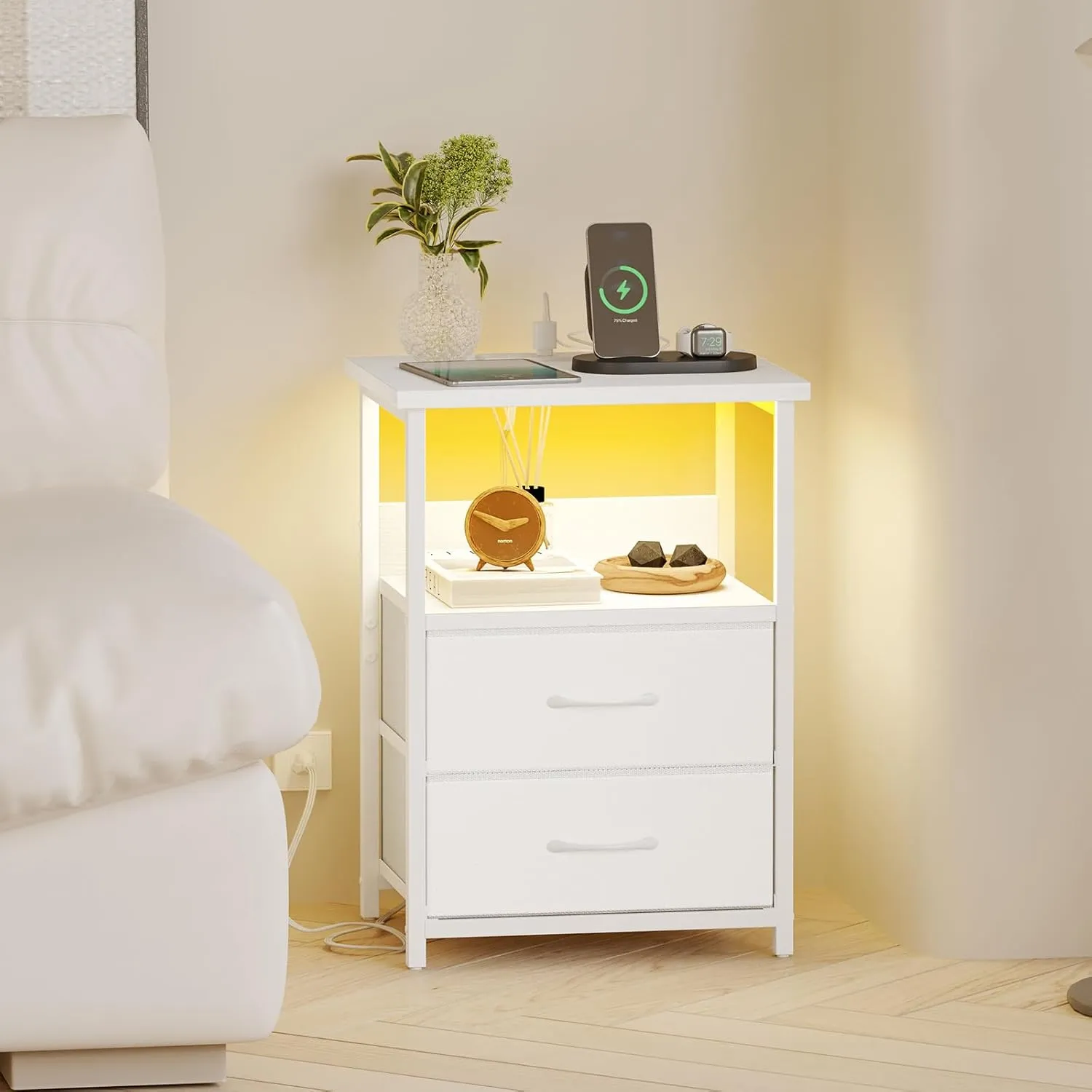 Fixwal Night Stand with Charging Station, LED Nightstand with U-S-B Ports and Outlets, 2 Fabric Storage Drawers with PU Finish, Bed Side Table, White