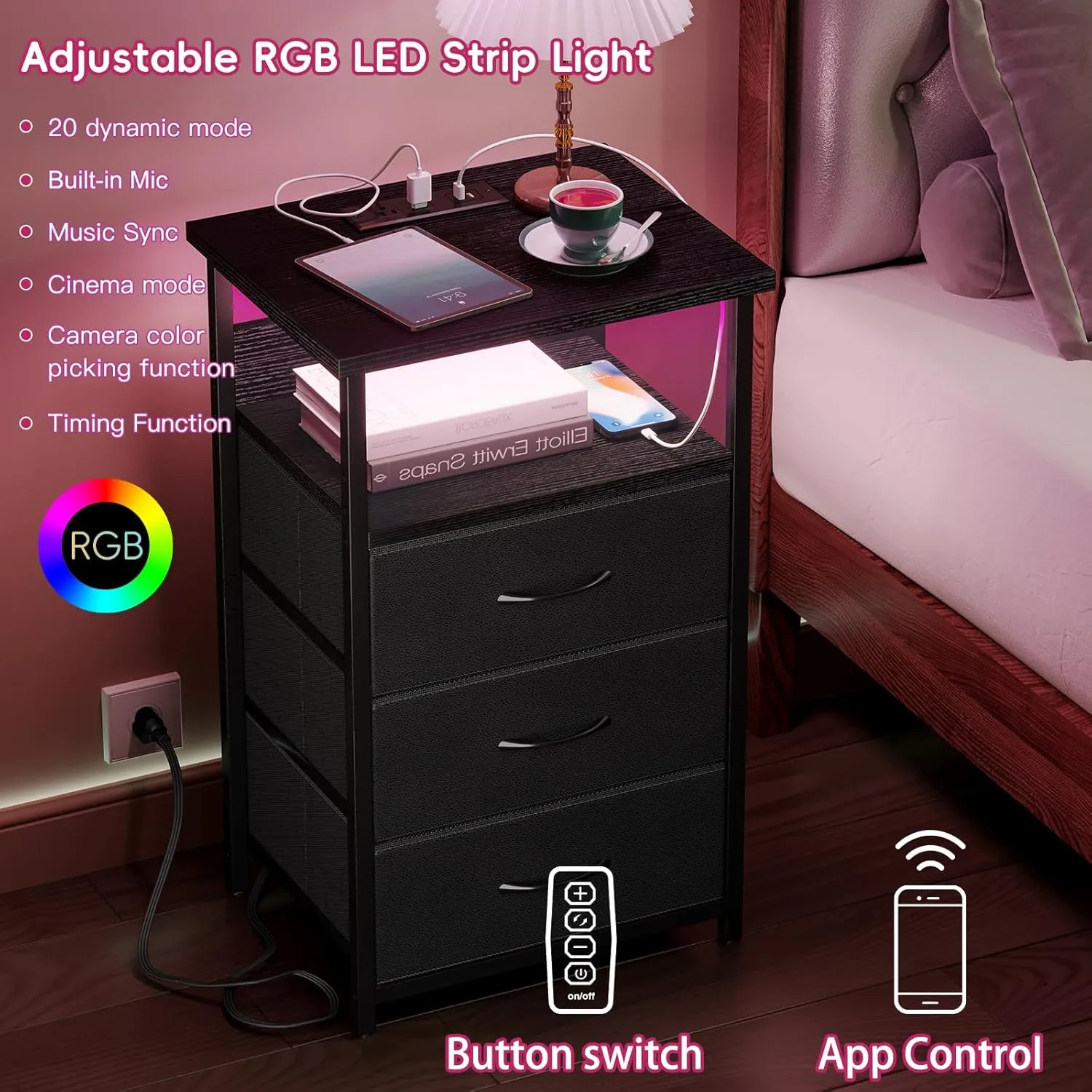 Fixwal Night Stand with Charging Station, LED Nightstand with U-S-B Ports and Outlets, 3 Fabric Storage Drawers with PU Finish, Bedside Table, Black