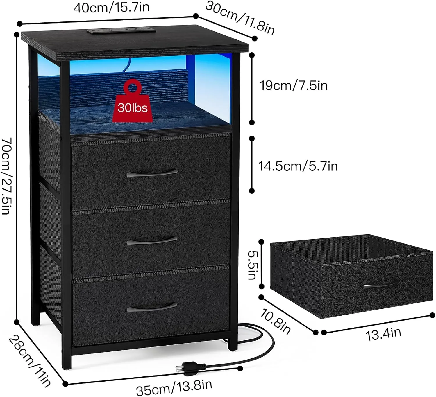 Fixwal Night Stand with Charging Station, LED Nightstand with U-S-B Ports and Outlets, 3 Fabric Storage Drawers with PU Finish, Bedside Table, Black