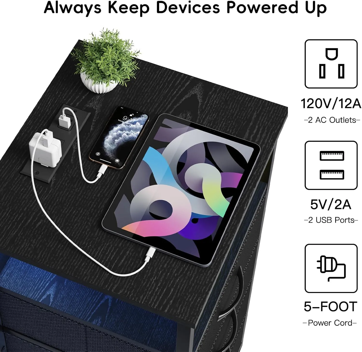 Fixwal Night Stand with Charging Station, LED Nightstand with U-S-B Ports and Outlets, 3 Fabric Storage Drawers with PU Finish, Bedside Table, Black