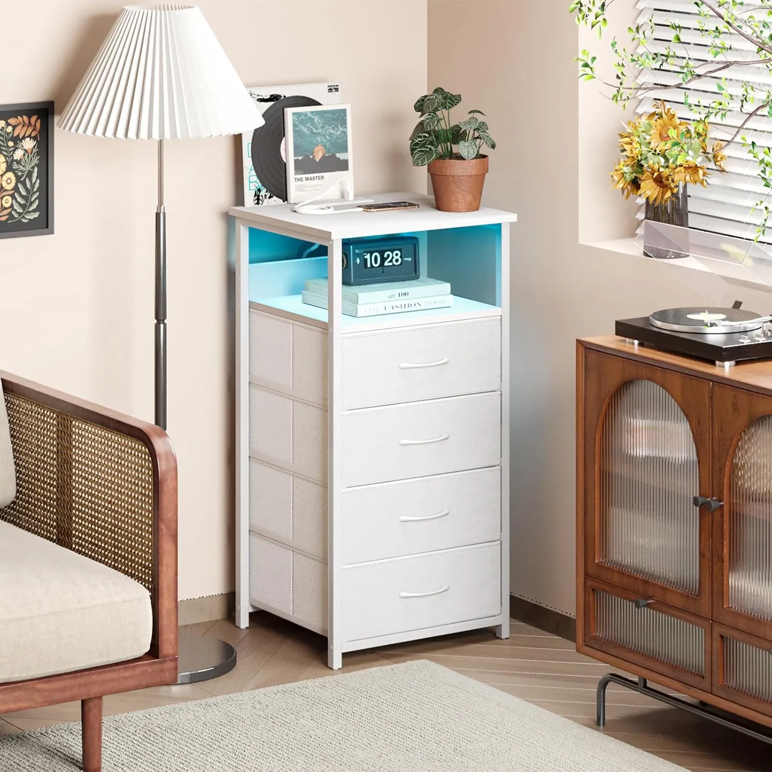 Fixwal Tall Nightstand with Charging Station, Night Stand with U-S-B Ports and Outlets, 4 Fabric Storage Drawers with PU Finish, Small Dresser Bed Side Table, White