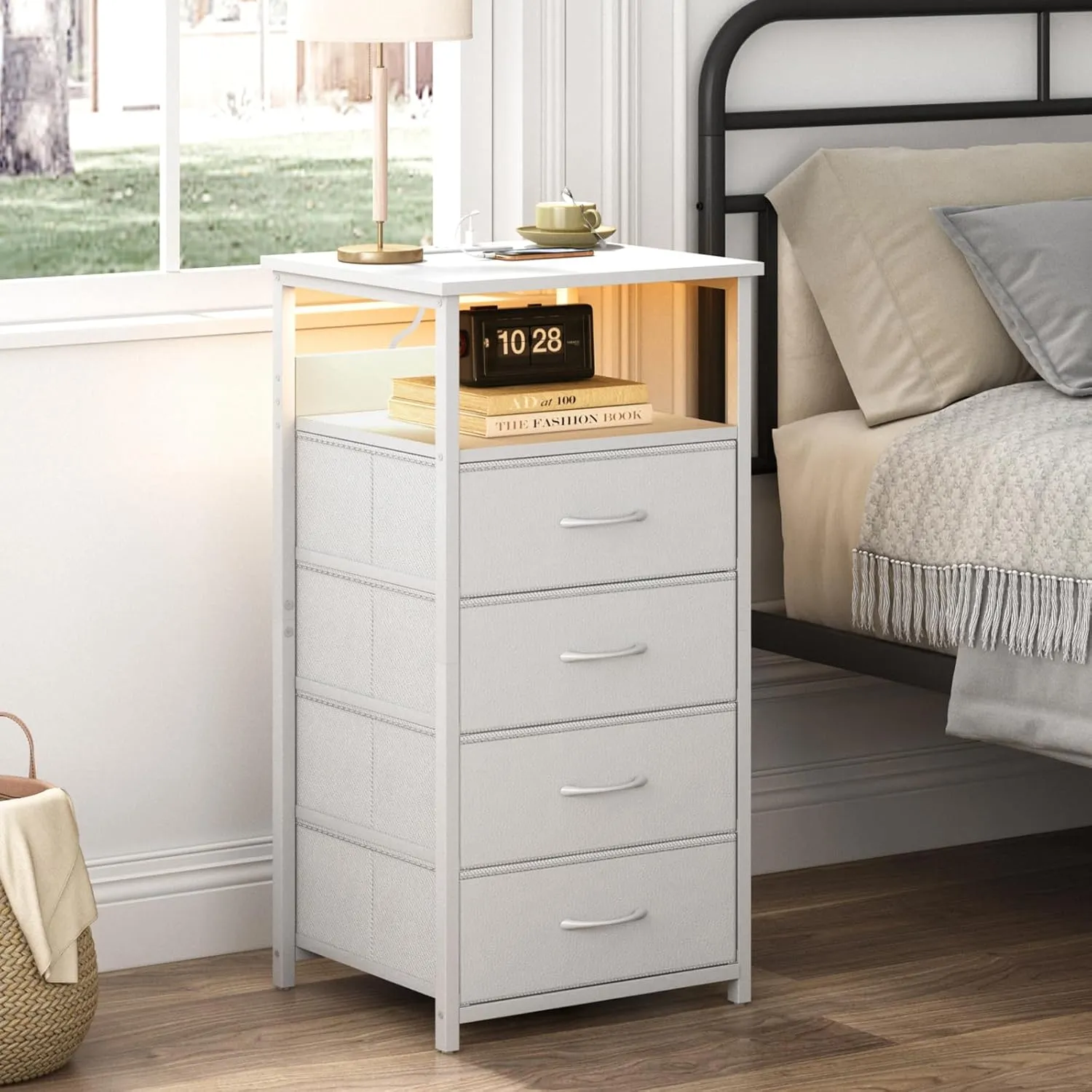 Fixwal Tall Nightstand with Charging Station, Night Stand with U-S-B Ports and Outlets, 4 Fabric Storage Drawers with PU Finish, Small Dresser Bed Side Table, White