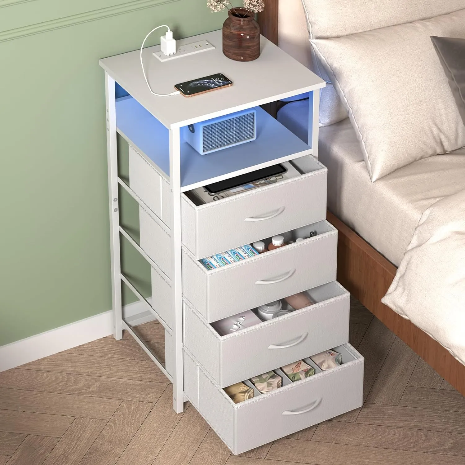 Fixwal Tall Nightstand with Charging Station, Night Stand with U-S-B Ports and Outlets, 4 Fabric Storage Drawers with PU Finish, Small Dresser Bed Side Table, White