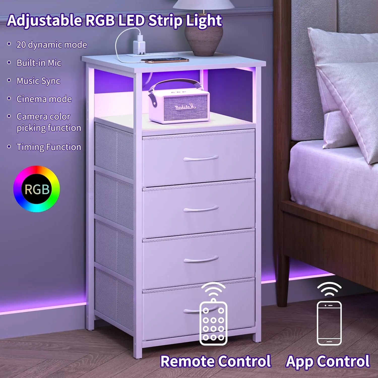 Fixwal Tall Nightstand with Charging Station, Night Stand with U-S-B Ports and Outlets, 4 Fabric Storage Drawers with PU Finish, Small Dresser Bed Side Table, White