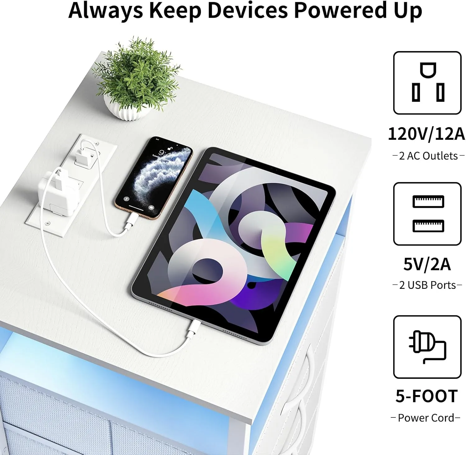 Fixwal Tall Nightstand with Charging Station, Night Stand with U-S-B Ports and Outlets, 4 Fabric Storage Drawers with PU Finish, Small Dresser Bed Side Table, White