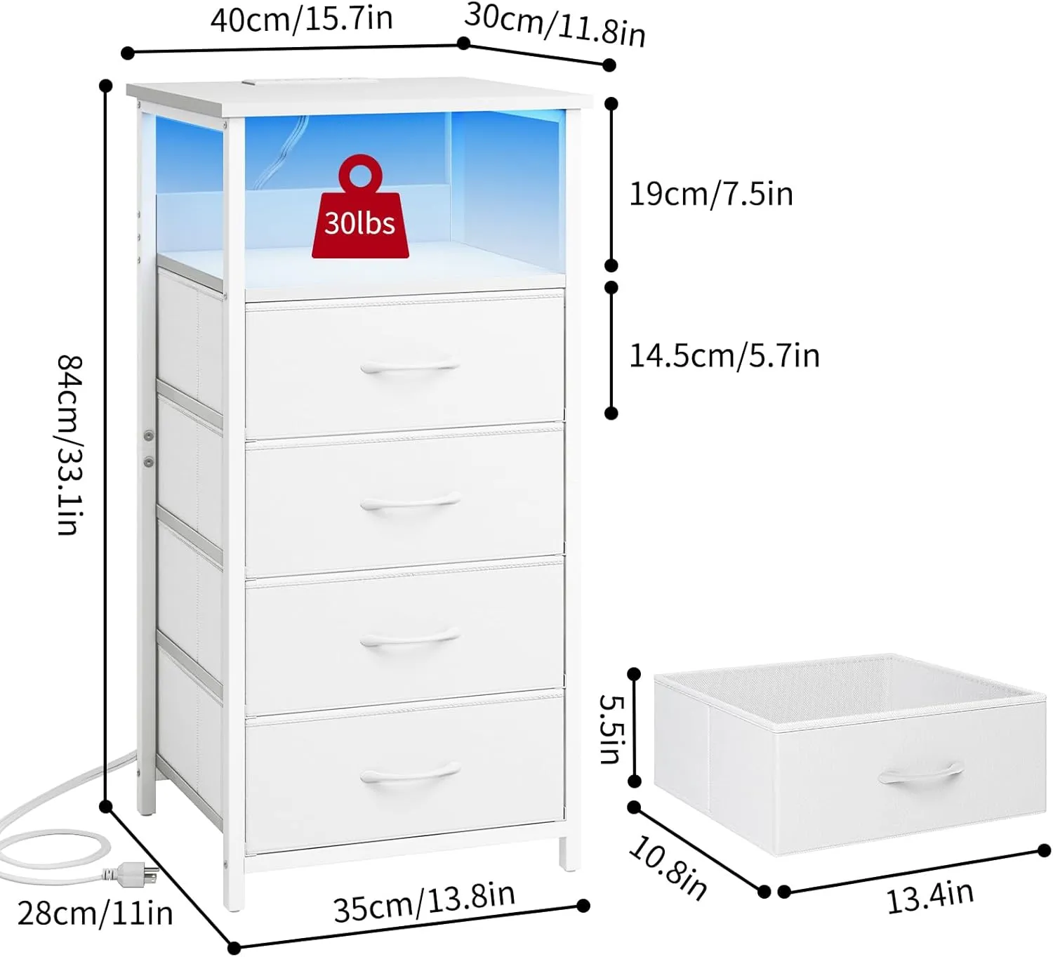 Fixwal Tall Nightstand with Charging Station, Night Stand with U-S-B Ports and Outlets, 4 Fabric Storage Drawers with PU Finish, Small Dresser Bed Side Table, White