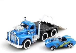 Flatbed Tow Truck Toy Rollback 1:64 Scale Diecast Model Car, Muscle Trailer Series 2 in 1 Vehicle Playset Gift for Kids 3 Year Old Up, Adults and Collectors (Blue)
