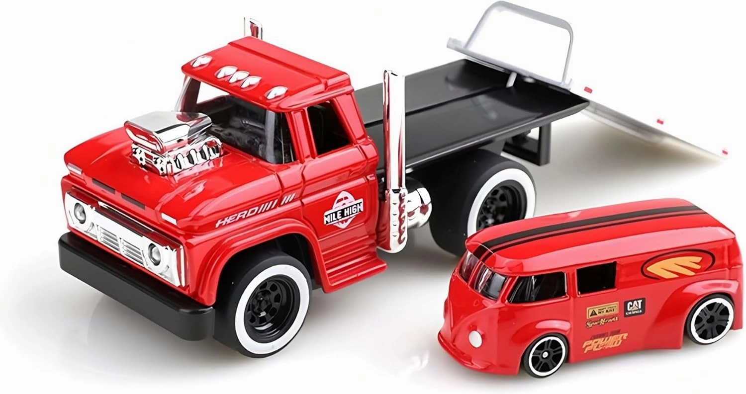 Flatbed Tow Truck Toy Rollback 1:64 Scale Diecast Model Car, Muscle Trailer Series 2 in 1 Vehicle Playset Gift for Kids 3 Year Old Up, Adults and Collectors (Red)