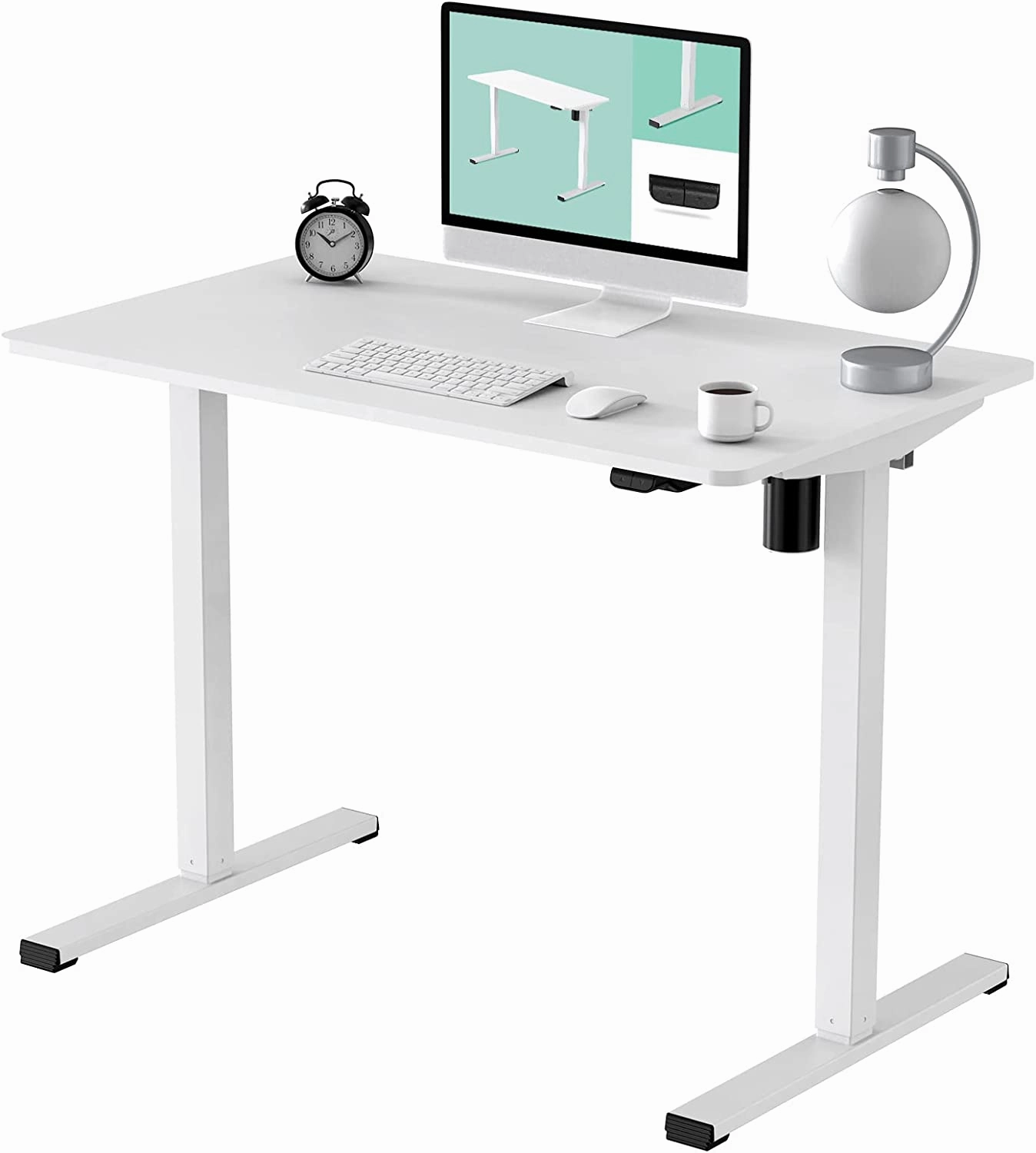 FLEXISPOT All-in-One Electric Standing Desk with Drawer Height Adjustable 48 x 24 Inches White Desktop & Frame Quick Install Comhar Home Office Table w/USB Charge Ports, Storage Desk Organizer