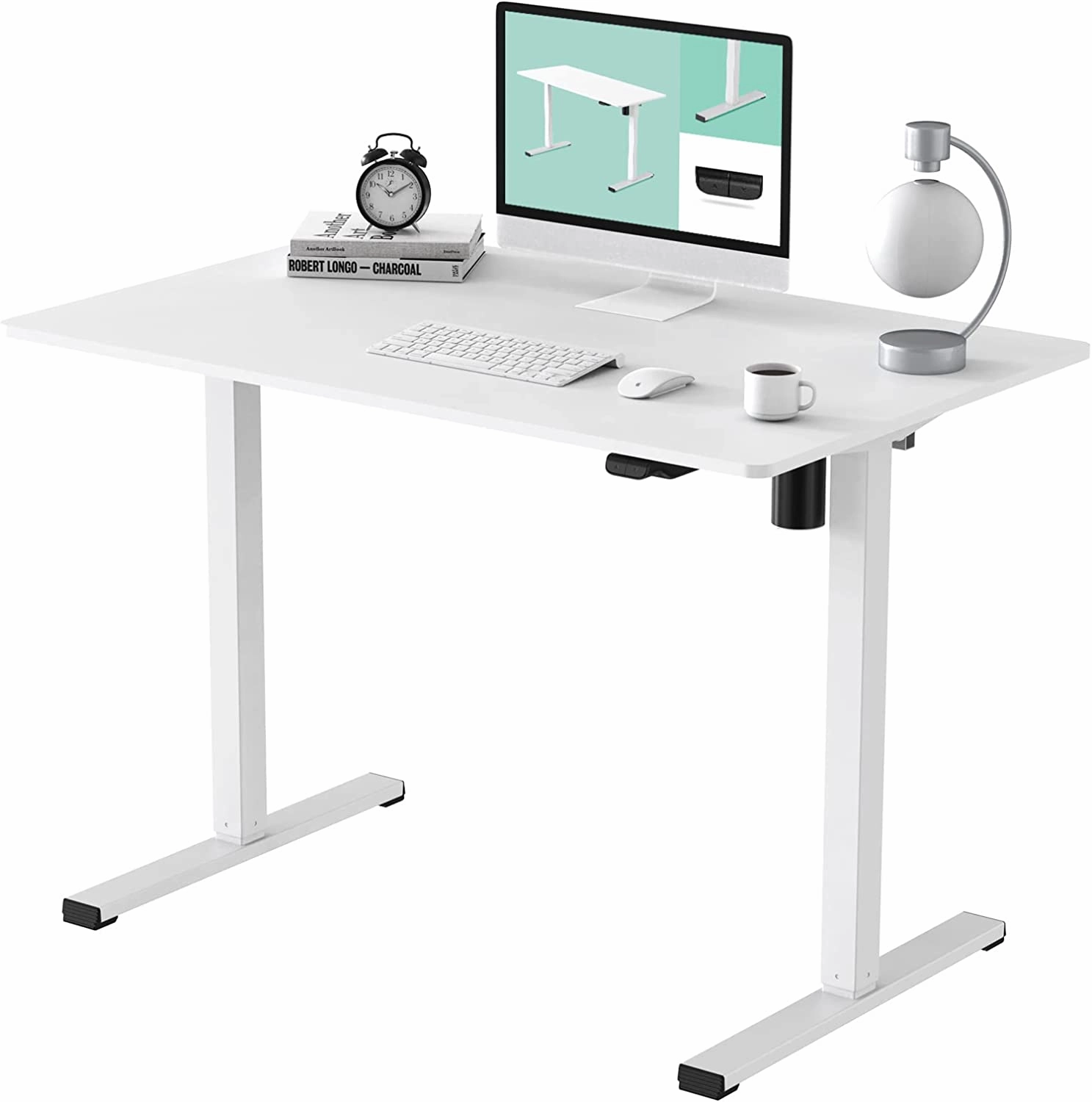 FLEXISPOT All-in-One Electric Standing Desk with Drawer Height Adjustable 48 x 24 Inches White Desktop & Frame Quick Install Comhar Home Office Table w/USB Charge Ports, Storage Desk Organizer