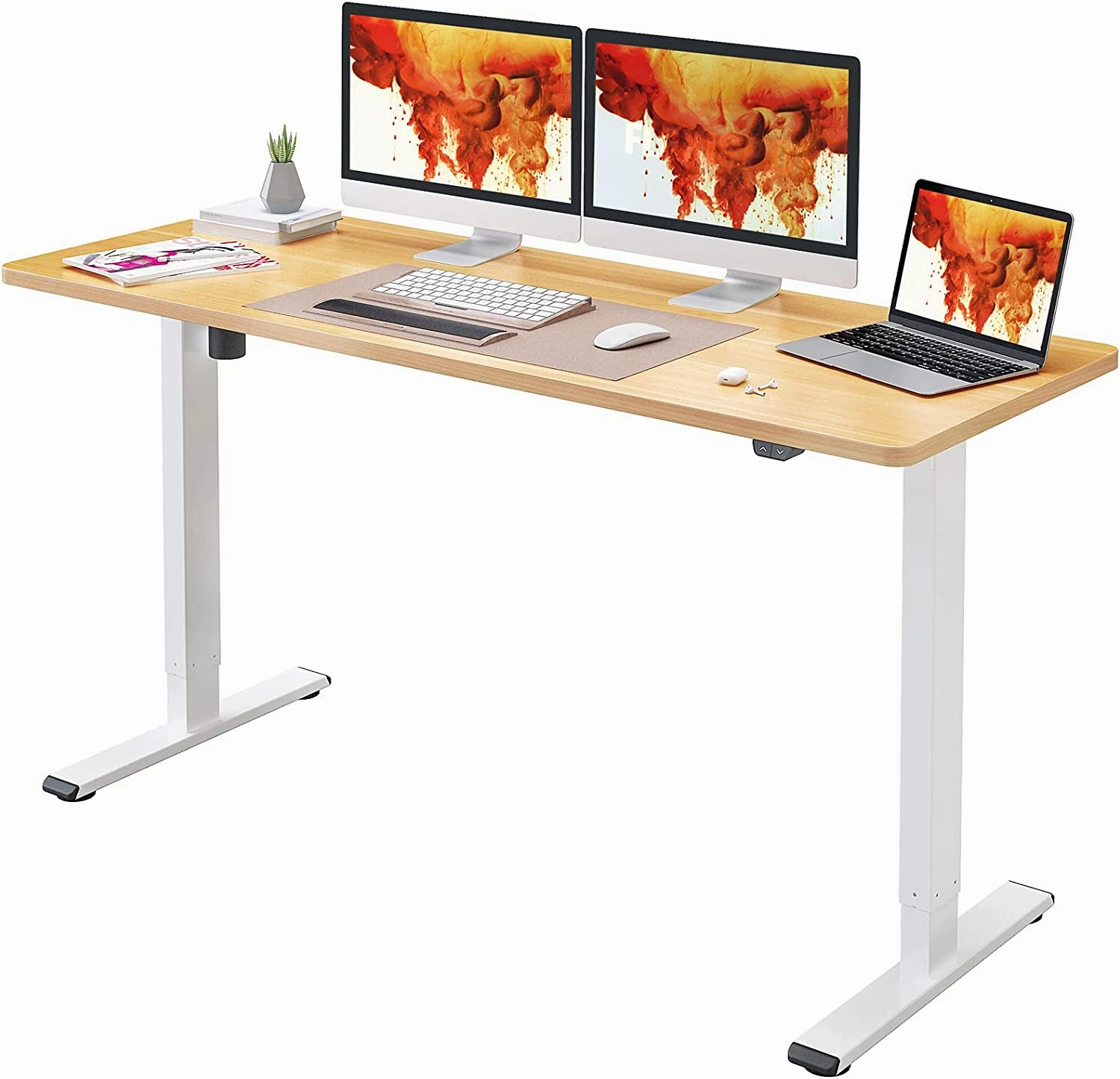 FLEXISPOT All-in-One Electric Standing Desk with Drawer Height Adjustable 48 x 24 Inches White Desktop & Frame Quick Install Comhar Home Office Table w/USB Charge Ports, Storage Desk Organizer