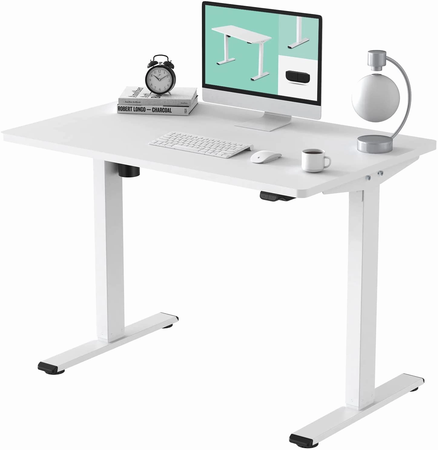 FLEXISPOT All-in-One Electric Standing Desk with Drawer Height Adjustable 48 x 24 Inches White Desktop & Frame Quick Install Comhar Home Office Table w/USB Charge Ports, Storage Desk Organizer