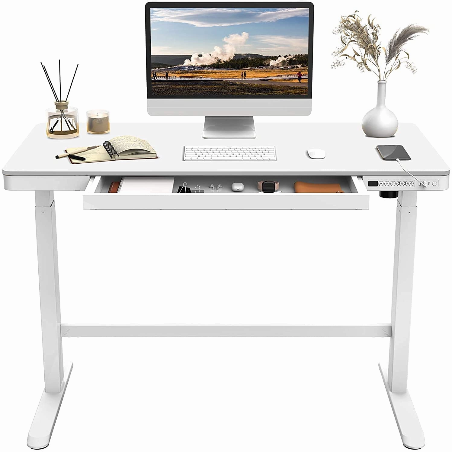 FLEXISPOT All-in-One Electric Standing Desk with Drawer Height Adjustable 48 x 24 Inches White Desktop & Frame Quick Install Comhar Home Office Table w/USB Charge Ports, Storage Desk Organizer