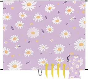 Flower Daisy Beach Blanket, Sandproof Beach Mat, 68 x 59 Waterproof Quick Drying Sand Free Mat with 4 x Ground Spikes for Outdoor Travel Camping Hiking, Spring Flowers