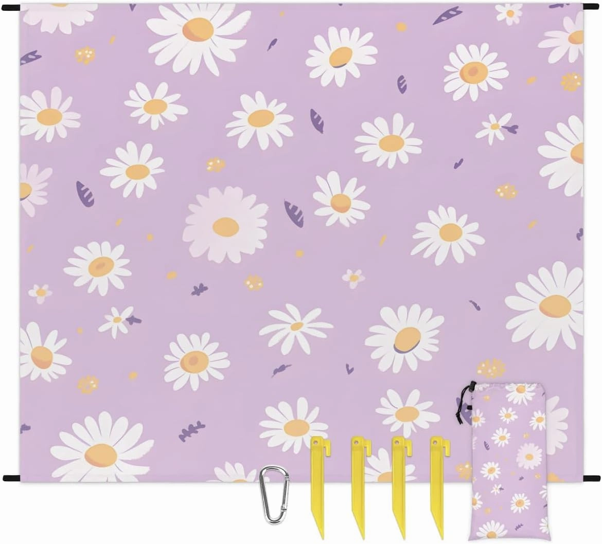 Flower Daisy Beach Blanket, Sandproof Beach Mat, 68 x 59 Waterproof Quick Drying Sand Free Mat with 4 x Ground Spikes for Outdoor Travel Camping Hiking, Spring Flowers