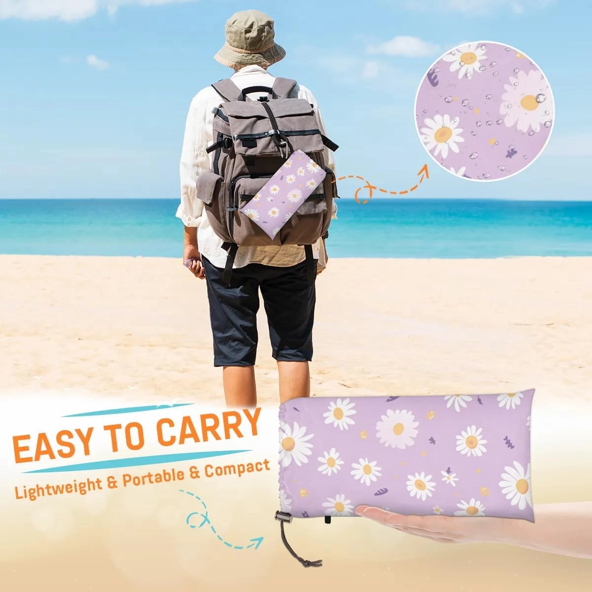 Flower Daisy Beach Blanket, Sandproof Beach Mat, 68 x 59 Waterproof Quick Drying Sand Free Mat with 4 x Ground Spikes for Outdoor Travel Camping Hiking, Spring Flowers