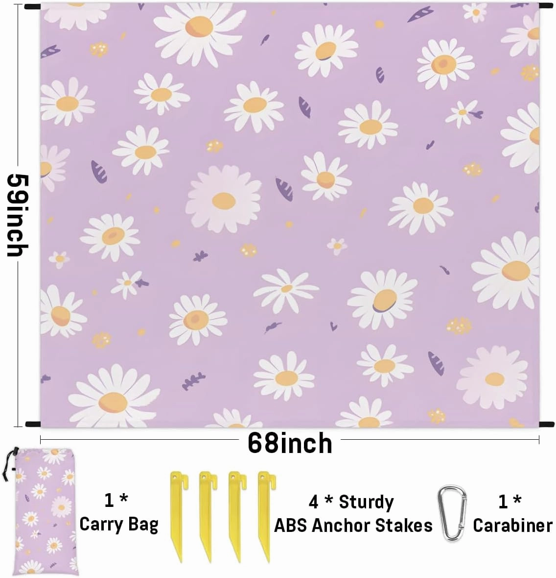 Flower Daisy Beach Blanket, Sandproof Beach Mat, 68 x 59 Waterproof Quick Drying Sand Free Mat with 4 x Ground Spikes for Outdoor Travel Camping Hiking, Spring Flowers