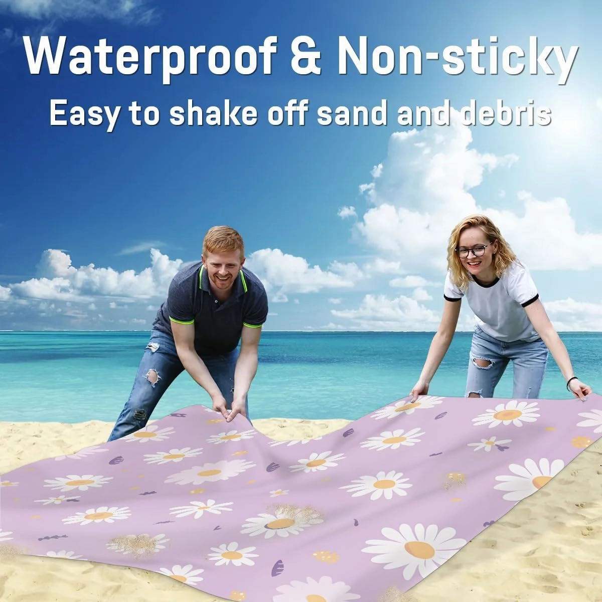 Flower Daisy Beach Blanket, Sandproof Beach Mat, 68 x 59 Waterproof Quick Drying Sand Free Mat with 4 x Ground Spikes for Outdoor Travel Camping Hiking, Spring Flowers