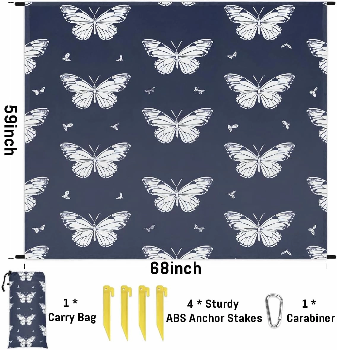 Flying Butterflies Beach Blanket, Sandproof Beach Mat, 68 x 59 Waterproof Quick Drying Sand Free Mat with 4 x Ground Spikes for Outdoor Travel Camping Hiking, Butterfly