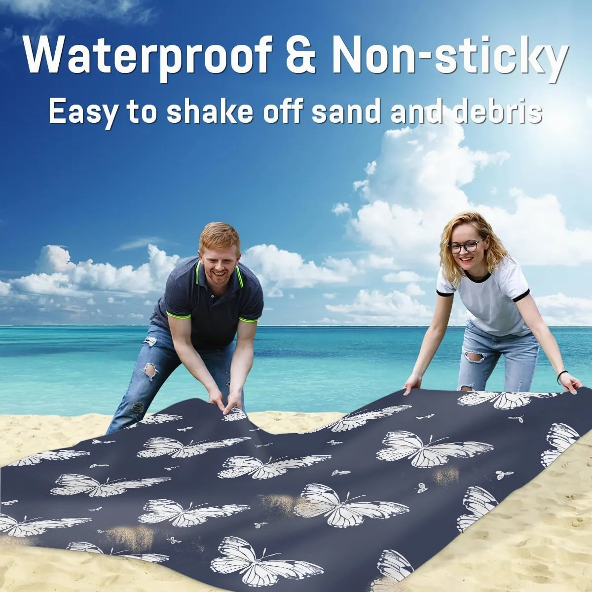 Flying Butterflies Beach Blanket, Sandproof Beach Mat, 68 x 59 Waterproof Quick Drying Sand Free Mat with 4 x Ground Spikes for Outdoor Travel Camping Hiking, Butterfly
