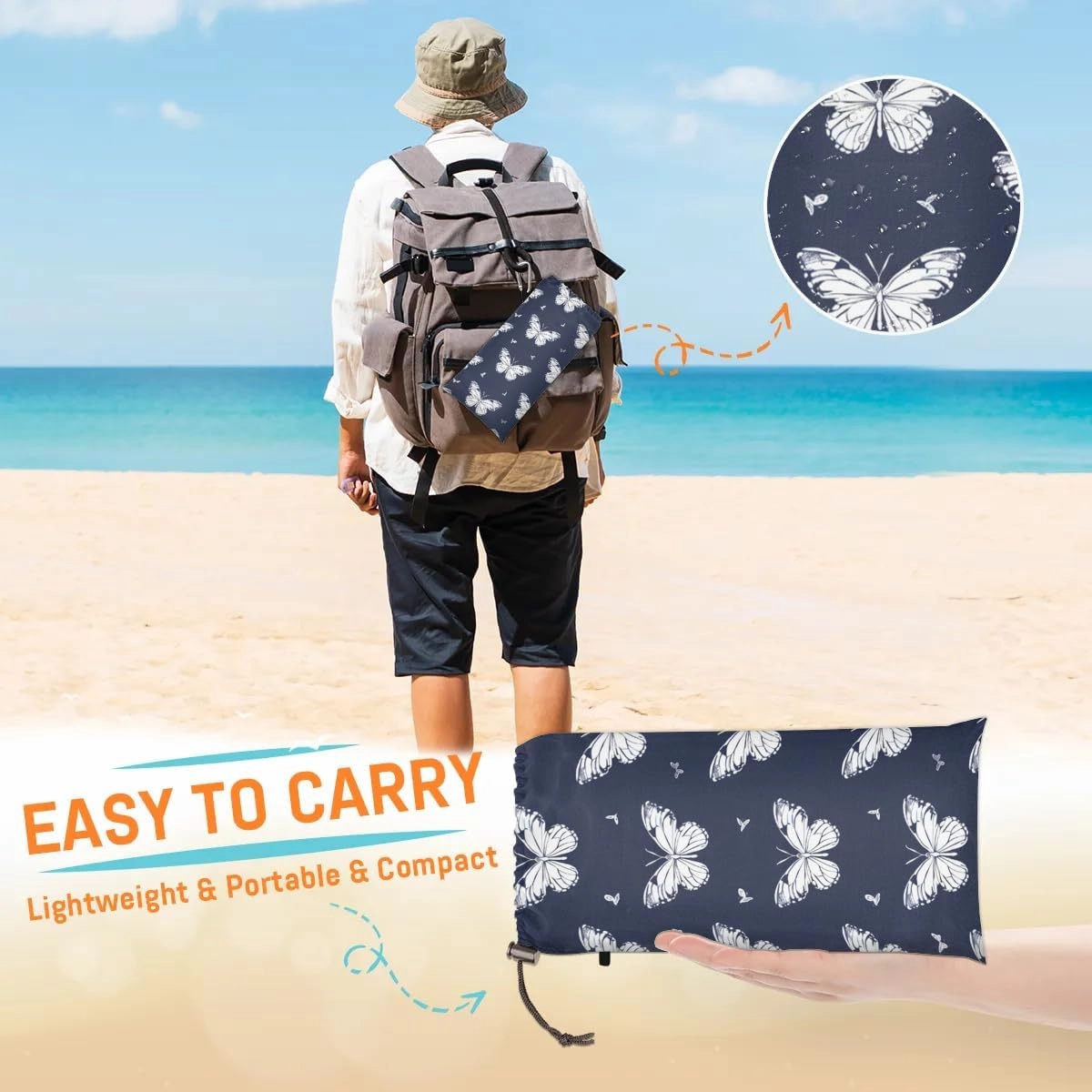 Flying Butterflies Beach Blanket, Sandproof Beach Mat, 68 x 59 Waterproof Quick Drying Sand Free Mat with 4 x Ground Spikes for Outdoor Travel Camping Hiking, Butterfly