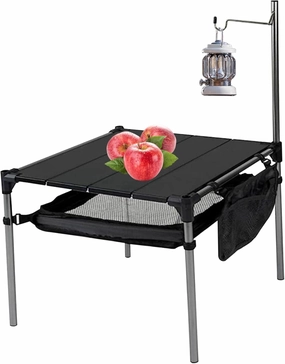 Folding Camping Table, Aluminum Splicing Camp Table with Storage and Light stand, 14x14x14 Inch Small Beach Table, Portable Camping Side Table for Outdoor, Folding Camping Table, Camping Table