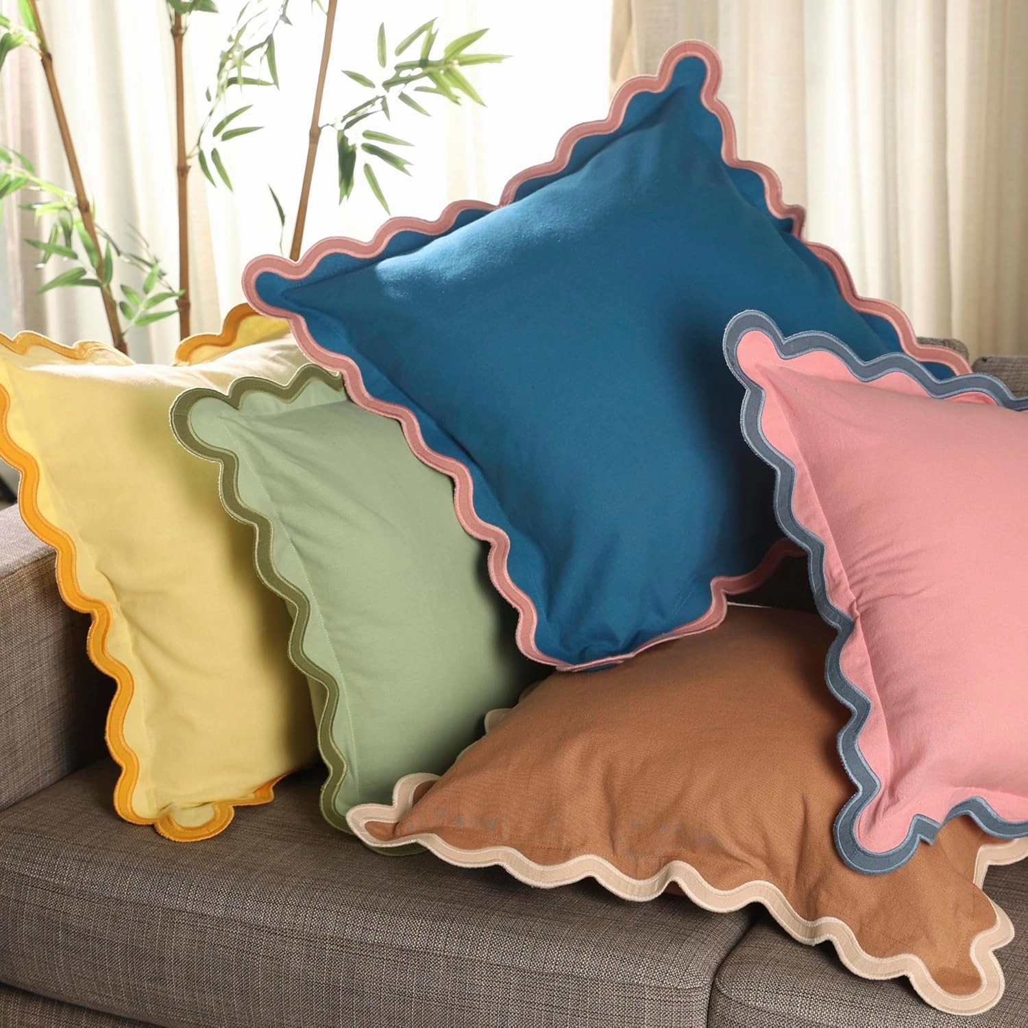 Folkulture Throw Pillows or Couch Pillows for Living Room | Pillow Covers Set of 2 (18x18) Boho Accent Pillows | Decorative Pillows or Scalloped Pillow Cover | Pink Throw Pillows for Home