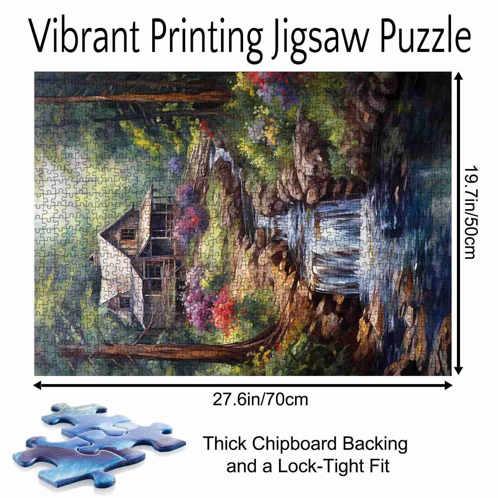 Forest Waterfall Rustic Wood Cabin Jigsaw Puzzle