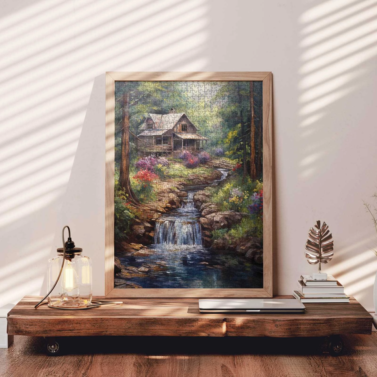 Forest Waterfall Rustic Wood Cabin Jigsaw Puzzle