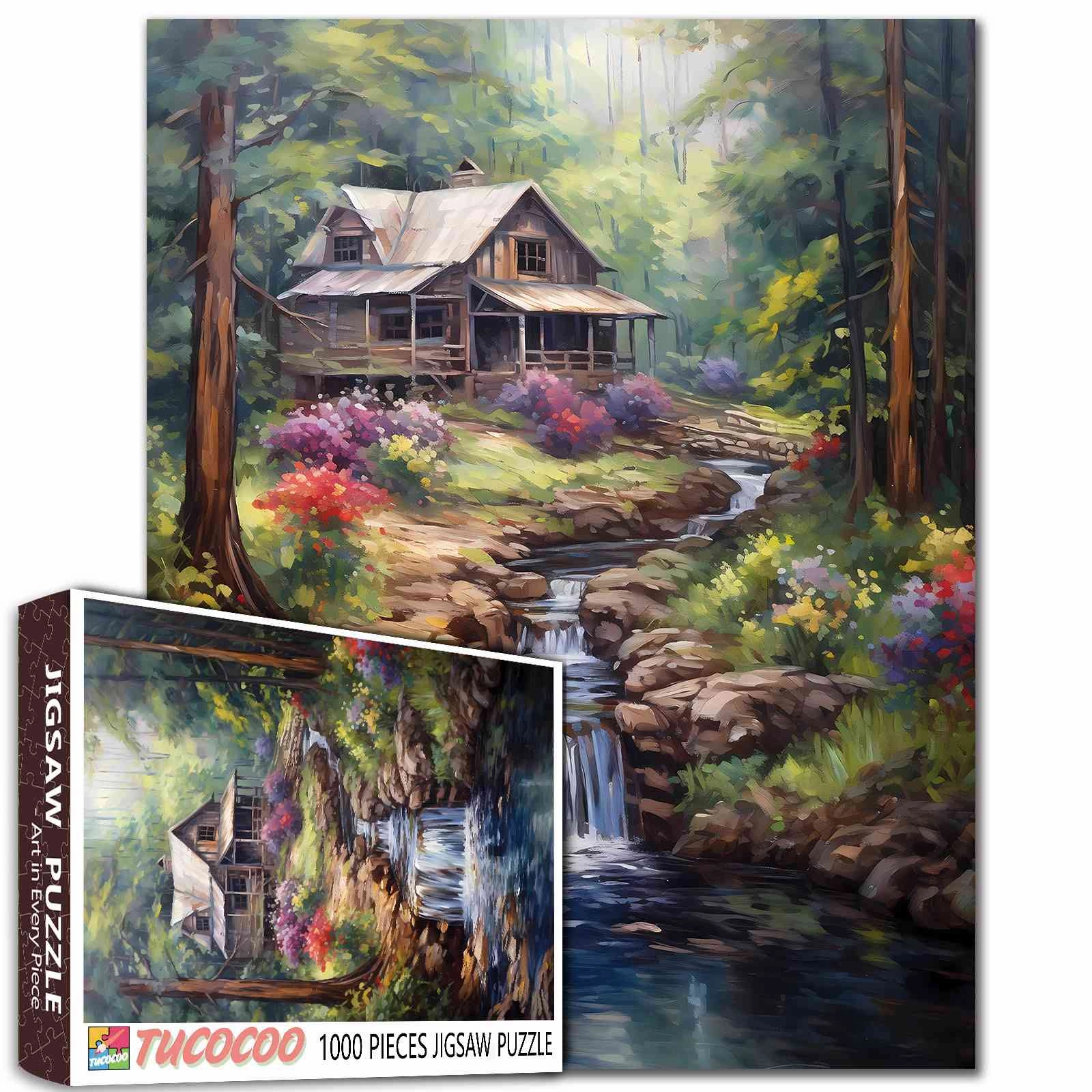 Forest Waterfall Rustic Wood Cabin Jigsaw Puzzle