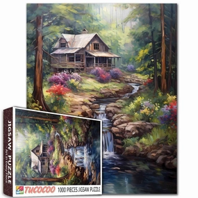 Forest Waterfall Rustic Wood Cabin Jigsaw Puzzle