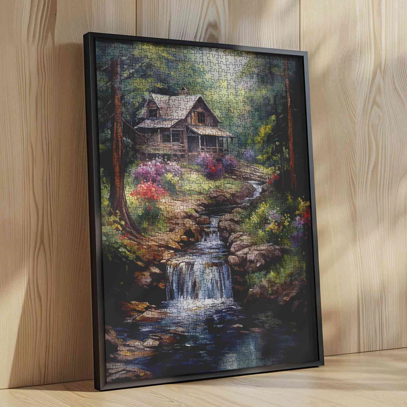Forest Waterfall Rustic Wood Cabin Jigsaw Puzzle