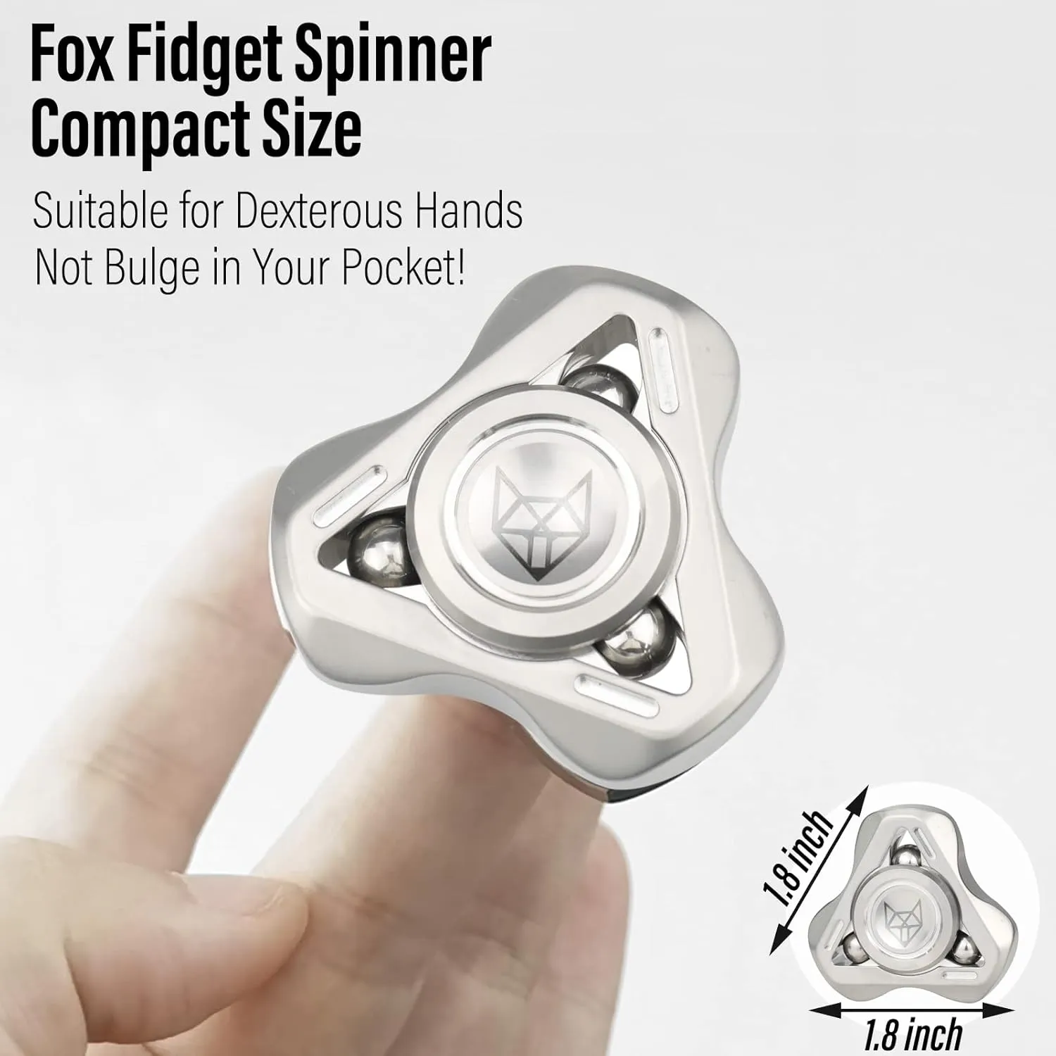 FREELOVE Upgraded Fox Metal Fidget Spinner for Adults, Steel/Glow Balls Clicking Noise, Mini Small Tiny Pocket Tri Finger Gyro, Long Spinning Premium Bearing Toy, Stainless Steel CNC, Stone Silver