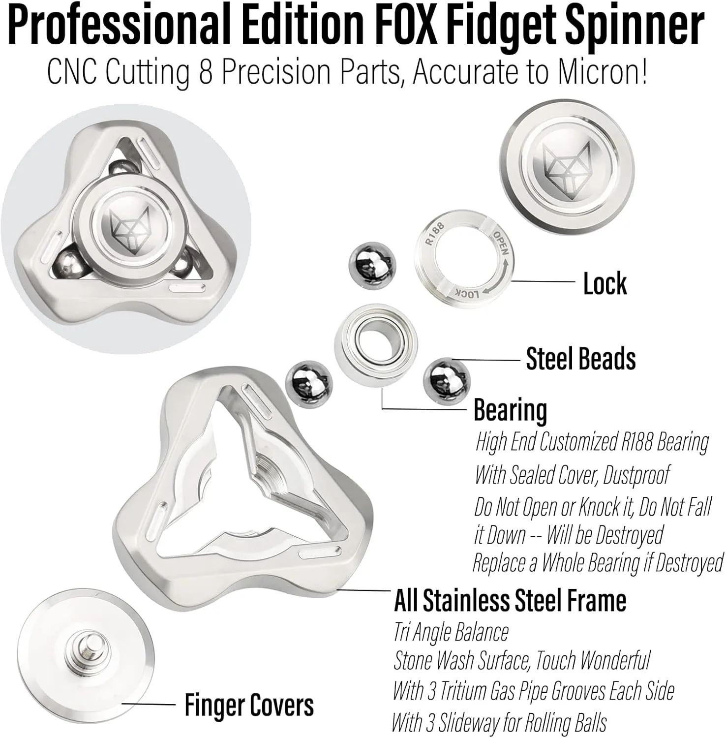 FREELOVE Upgraded Fox Metal Fidget Spinner for Adults, Steel/Glow Balls Clicking Noise, Mini Small Tiny Pocket Tri Finger Gyro, Long Spinning Premium Bearing Toy, Stainless Steel CNC, Stone Silver