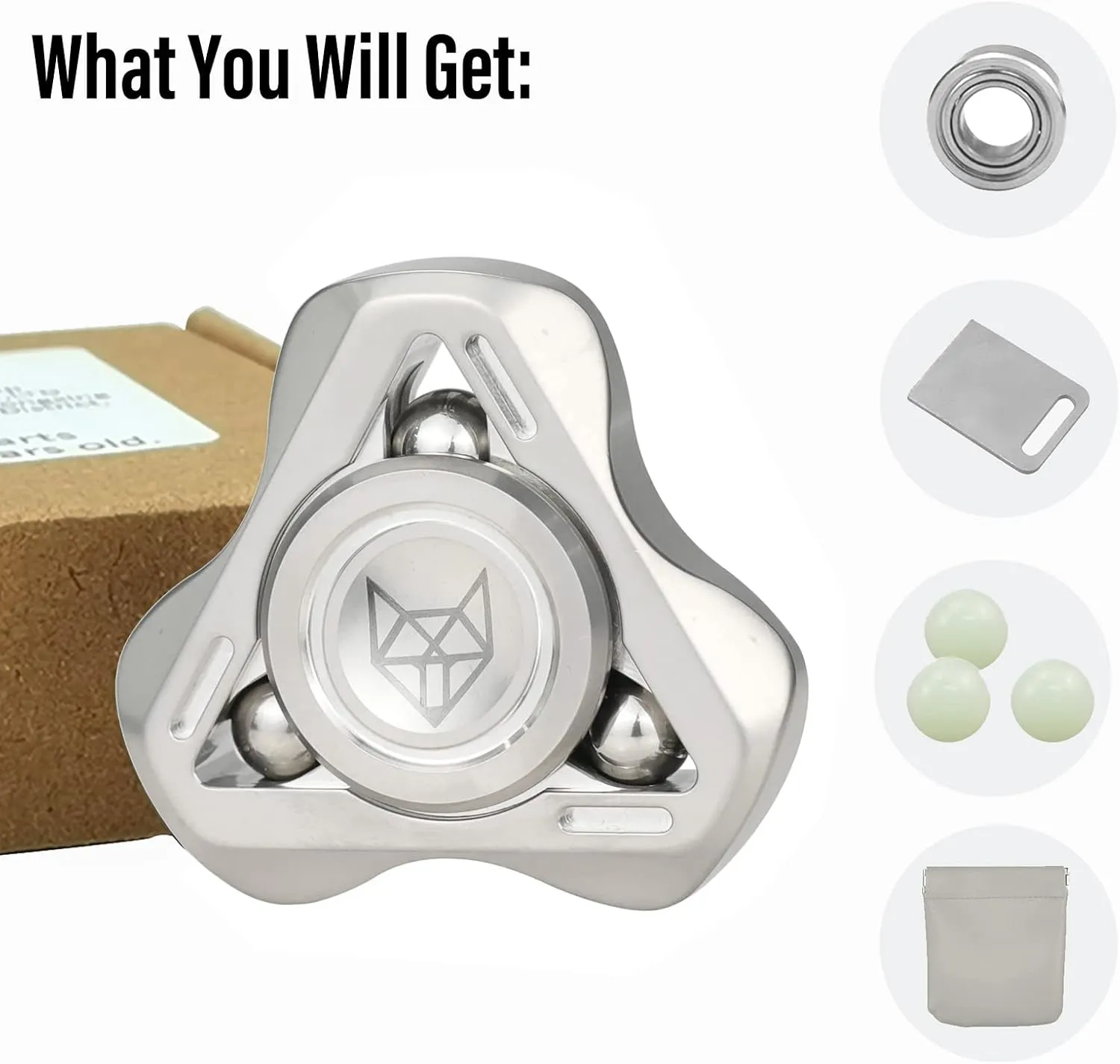FREELOVE Upgraded Fox Metal Fidget Spinner for Adults, Steel/Glow Balls Clicking Noise, Mini Small Tiny Pocket Tri Finger Gyro, Long Spinning Premium Bearing Toy, Stainless Steel CNC, Stone Silver