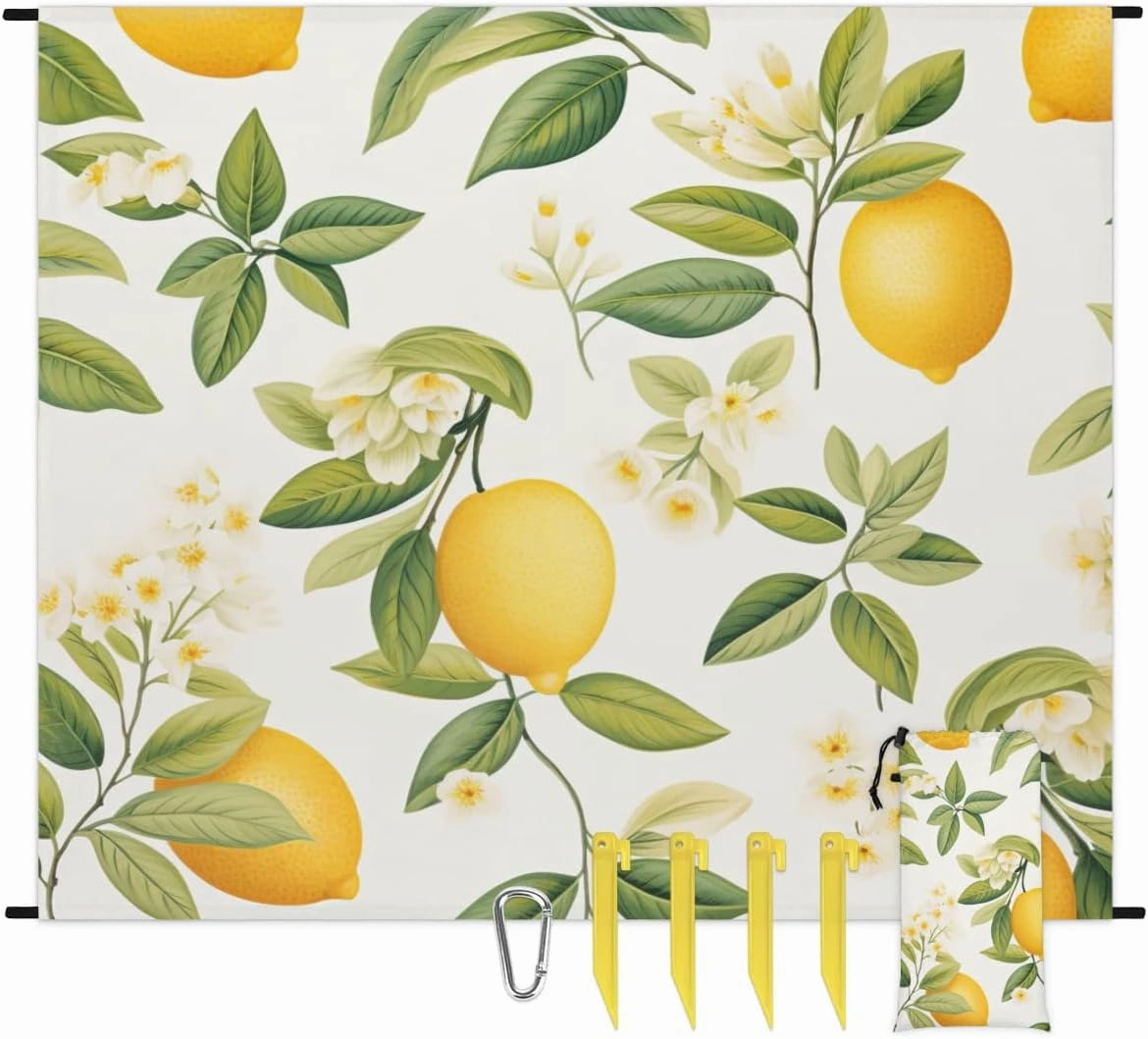 Fruit Lemon Beach Blanket, Sandproof Beach Mat, 68 x 59 Waterproof Quick Drying Sand Free Mat with 4 x Ground Spikes for Outdoor Travel Camping Hiking, Lemon Flower Leaves